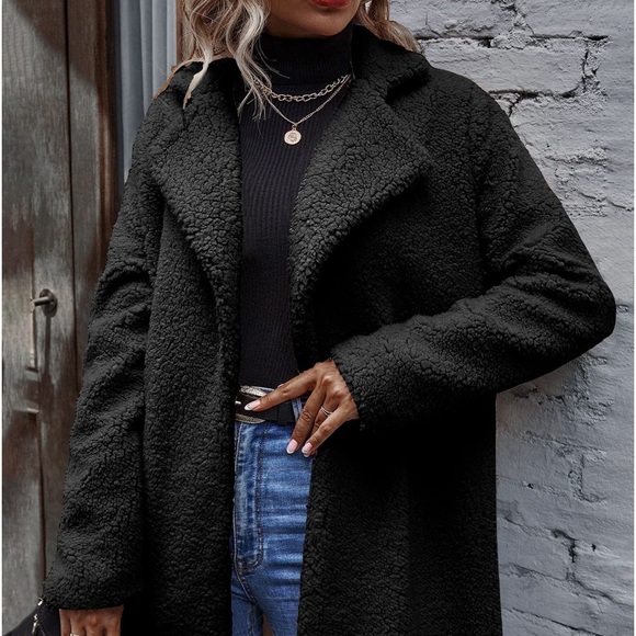 Teddy oversized black warm fleece jacket - Picture 1 of 8